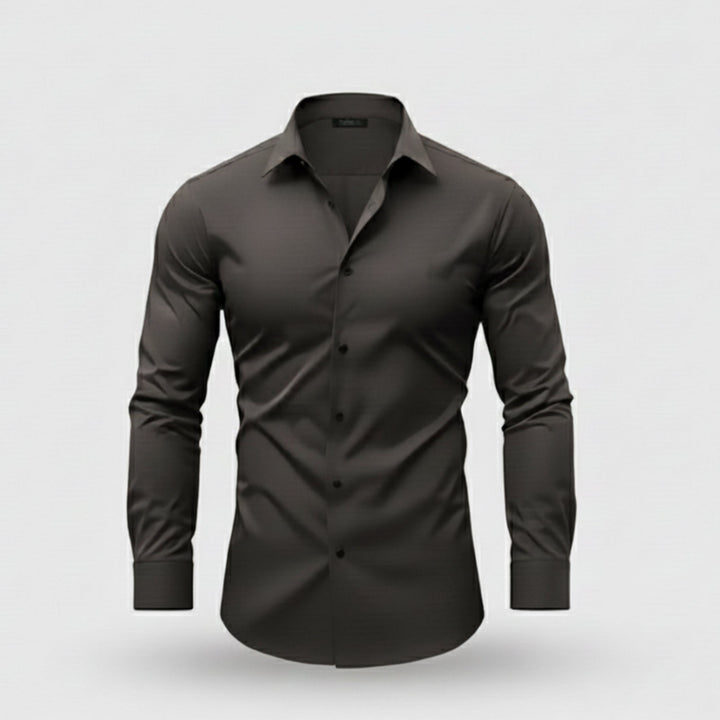 Classic men's polished button-down shirt. Solid color long-sleeve top for formal casual & business style.