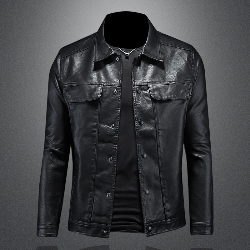 Men's premium black leather moto jacket with modern fit, versatile for casual style.