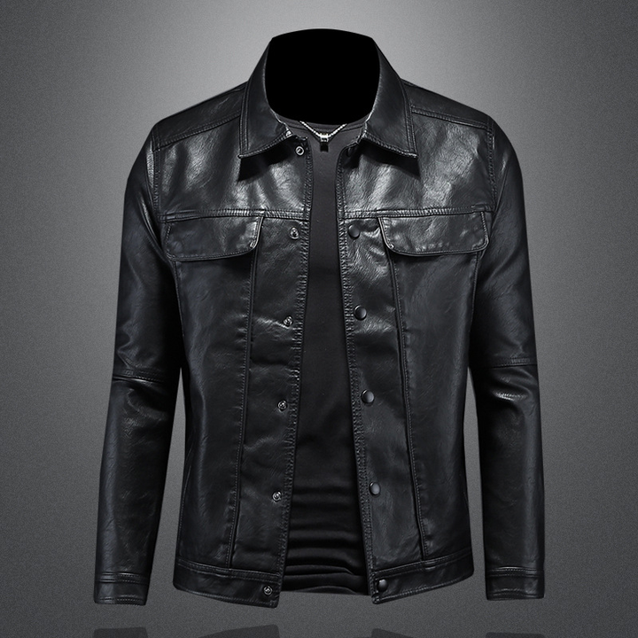 Men's premium black leather moto jacket with modern fit, versatile for casual style.