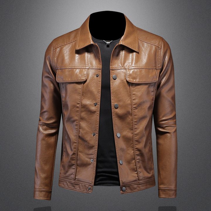 Timeless men's fashion outerwear: a classic black leather moto jacket for versatile wear.