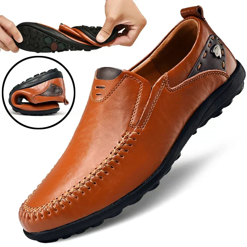 Full view of men's premium comfortable loafers, highlighting their stylish design & slip-on convenience. Everyday footwear.