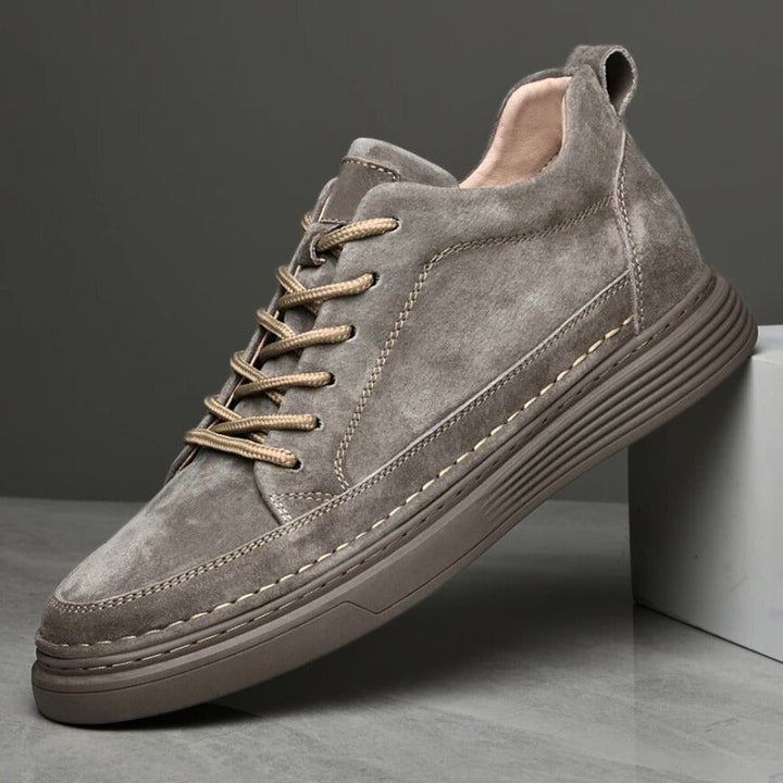 Stylish men's smart casual sneakers in khaki & gray; premium comfortable footwear for versatile everyday fashion.