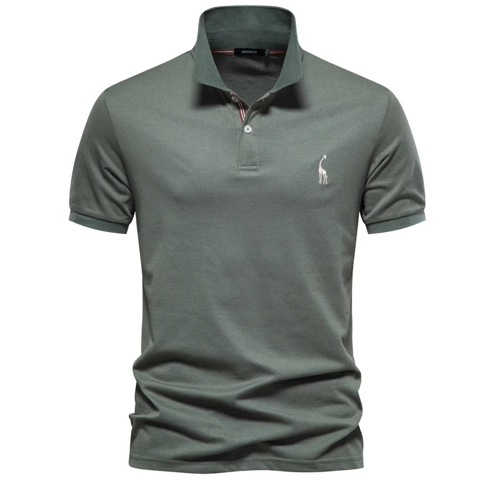 Men's premium cotton polo shirt with elegant deer embroidery, short sleeve. New arrival.