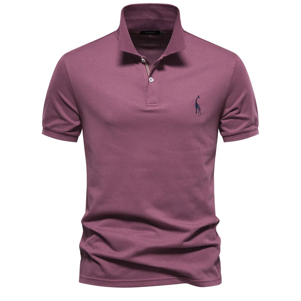 New men's short-sleeve cotton polo, unique deer embroidery, regular fit, premium quality.