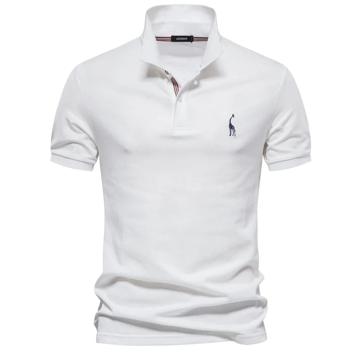Stylish men's premium cotton polo shirt, deer embroidery, versatile casual top for summer.