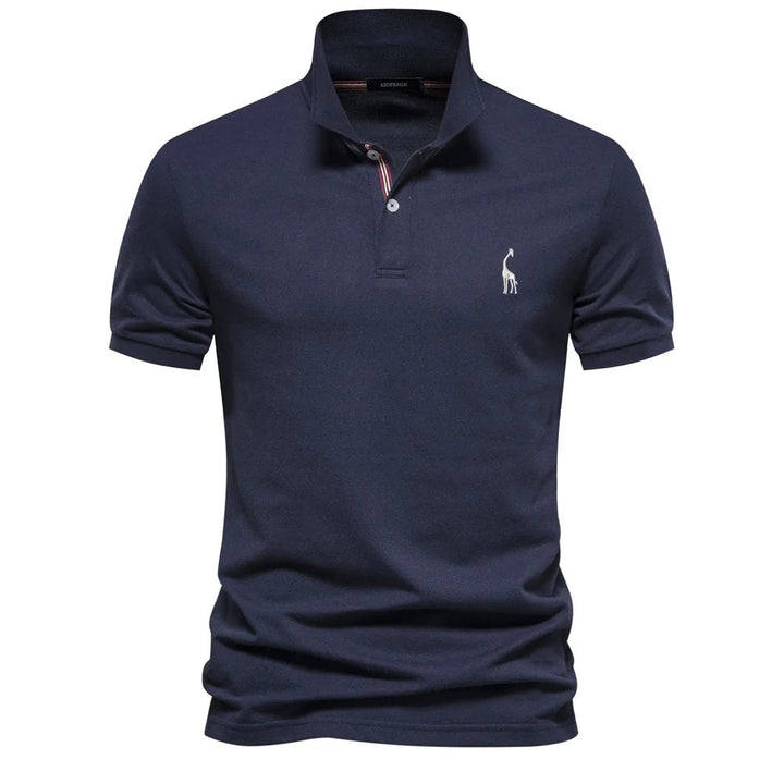 Men's short-sleeve premium cotton polo shirt, regular fit, intricate deer embroidery design.
