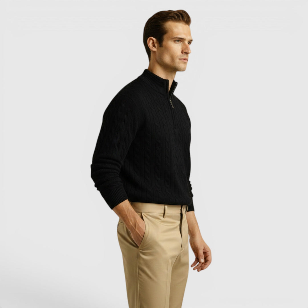 Front view of a warm men's half-zip pullover sweater, perfect for casual or business casual wear.