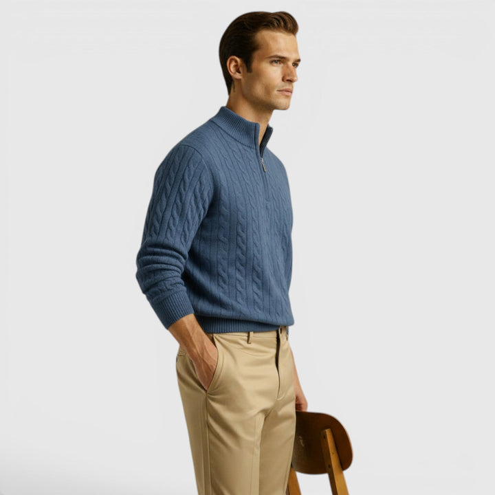 Premium knit men's half-zip sweater, offering exceptional warmth and comfort for cool seasons.