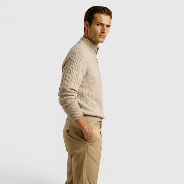 Man relaxing in a comfortable half-zip pullover sweater, ideal for casual autumn & winter days.