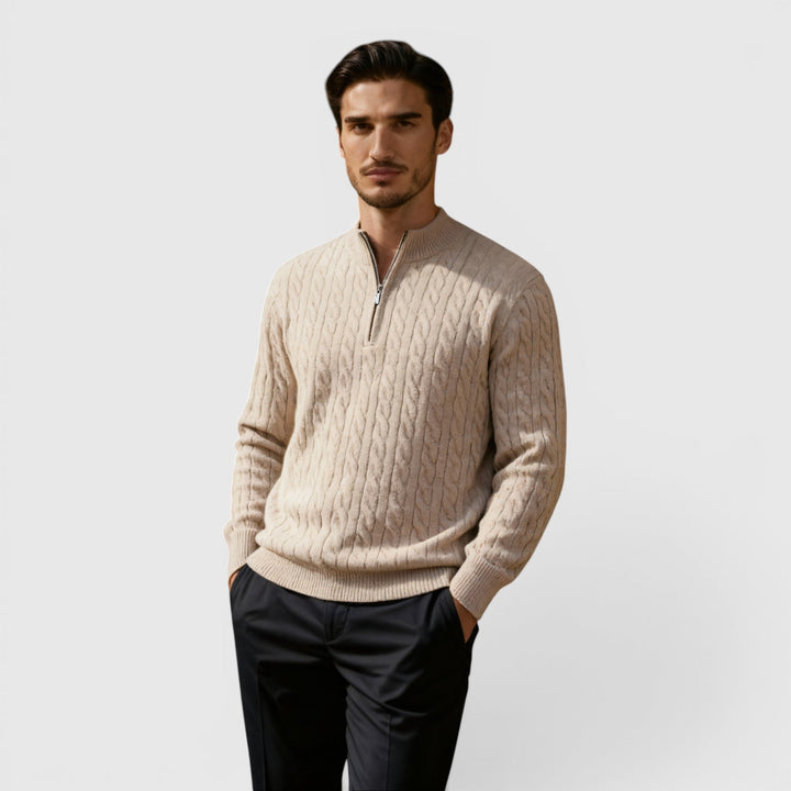 Close-up of the half-zip collar detail on a men's premium knit pullover sweater.