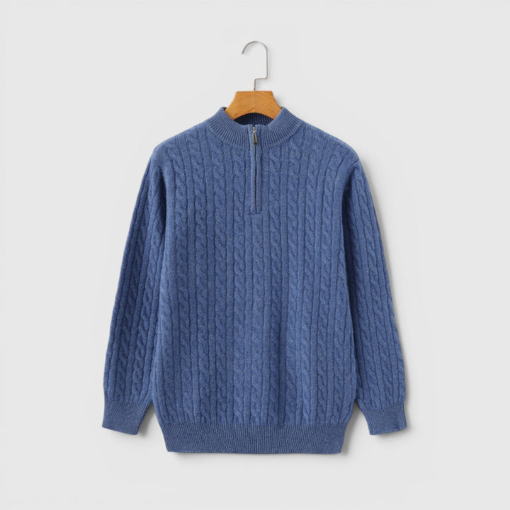 Full body shot of a man wearing a versatile half-zip sweater for a complete casual look.