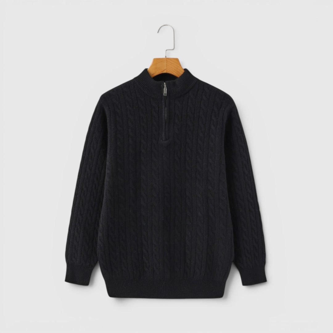 Angled shot of a men's half-zip pullover sweater, highlighting its contemporary fit & style.