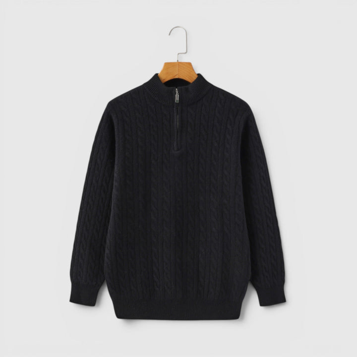 Angled shot of a men's half-zip pullover sweater, highlighting its contemporary fit & style.