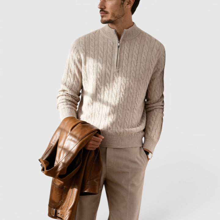 Close-up of a men's half-zip sweater, highlighting the soft knit texture & quality zipper.