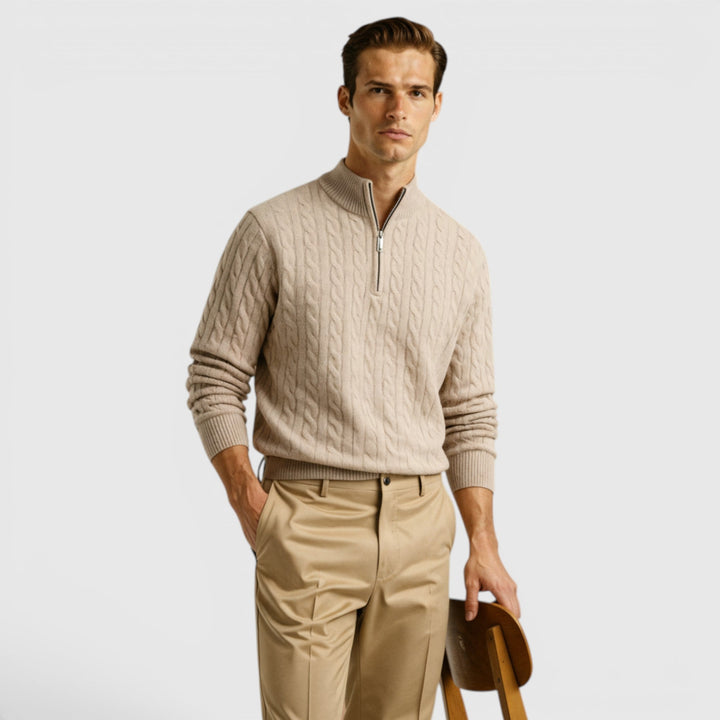 Comfortable men's long sleeve half-zip sweater, ideal for casual layering in cool weather.