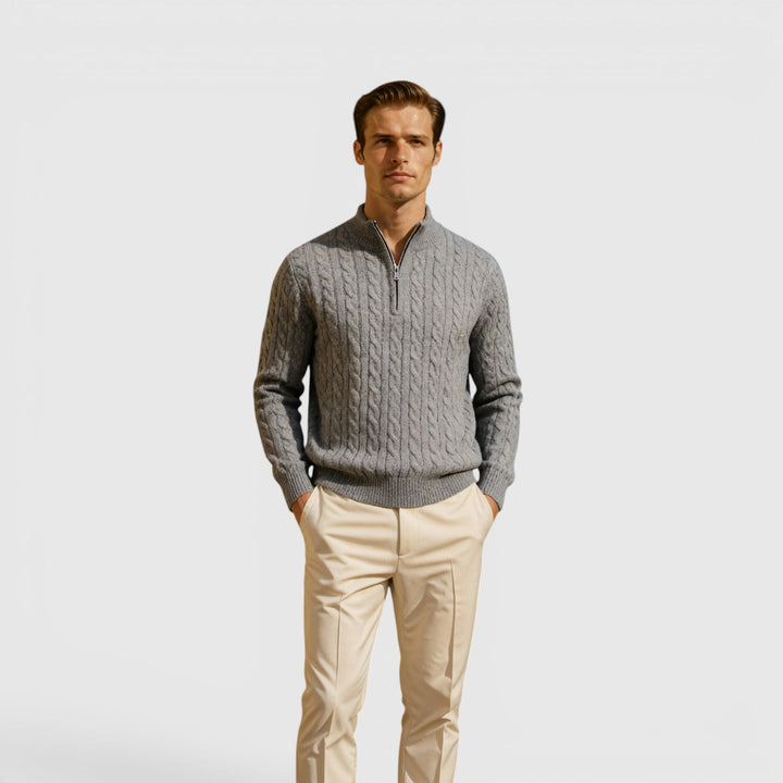 Warm men's knit pullover sweater with half-zip, perfect for winter comfort & versatility.