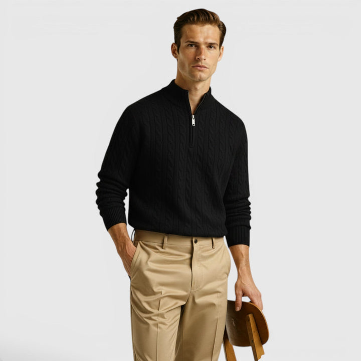 Men's classic half-zip knit sweater in a rich color, offering warmth for autumn & winter.