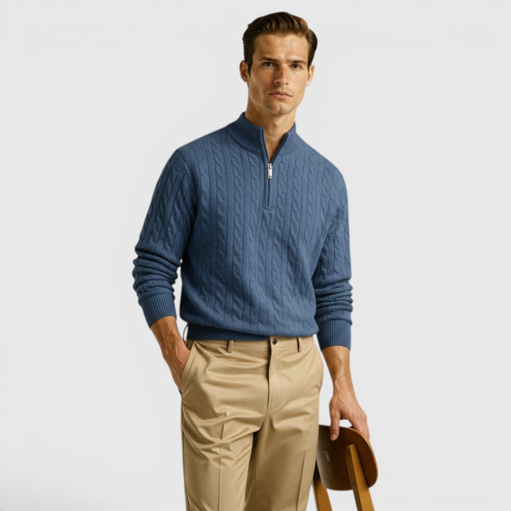 Detailed view of the cozy knit fabric on a men's premium half-zip pullover sweater.
