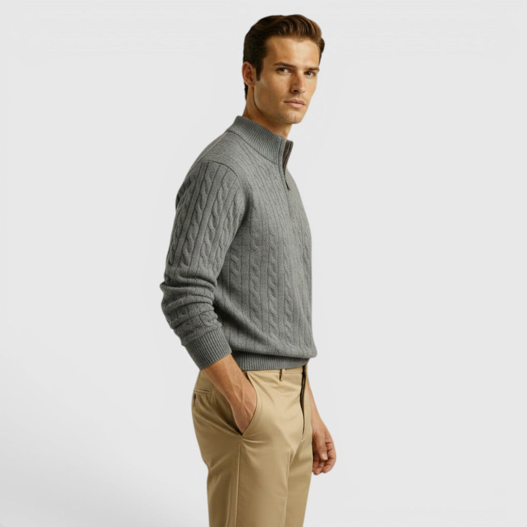 Men's half-zip sweater layered over a shirt, showcasing its versatile business casual appeal.
