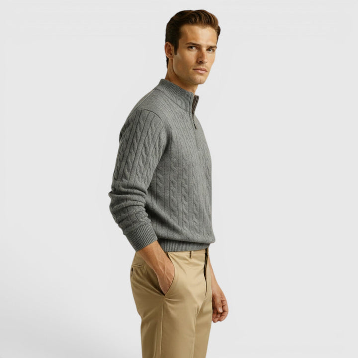 Men's half-zip sweater layered over a shirt, showcasing its versatile business casual appeal.
