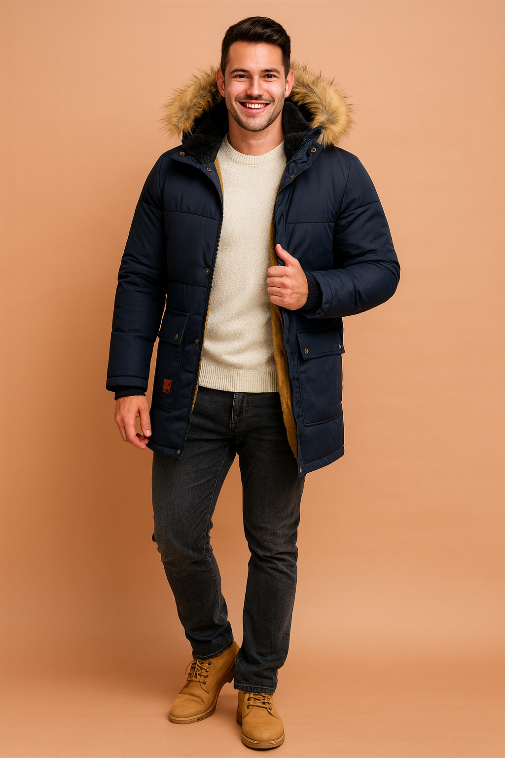 Men's Premium Hooded Winter Parka, ultimate warmth & style for cold weather. Stylish men's winter coat.