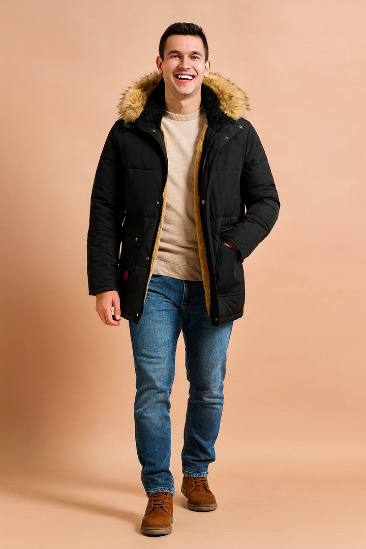 Warm Men's Hooded Winter Parka, providing ultimate protection & comfort in cold weather. Durable men's outerwear.