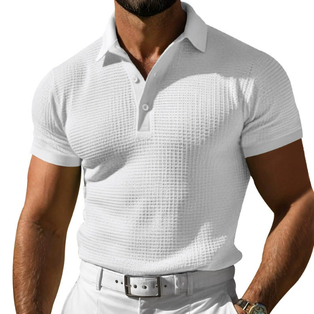 High-quality men's knit polo shirt, offering a sophisticated smart casual look with a vintage touch.