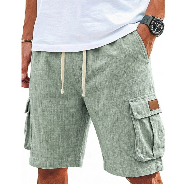 Close-up of men's premium lace-up cargo shorts, showcasing durable fabric & functional pockets for summer casual style.