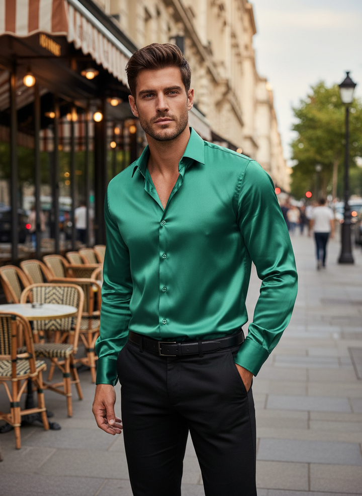 A versatile men's silk shirt, suitable for both formal and business casual settings.