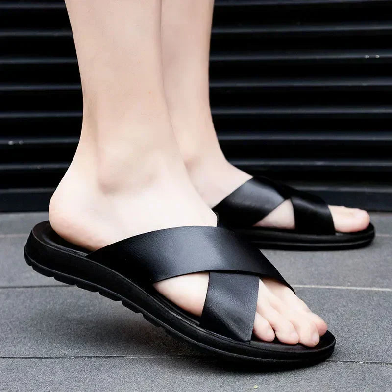 Versatile men's slip-on sandals, great for summer casual, beach, and vacation comfort.