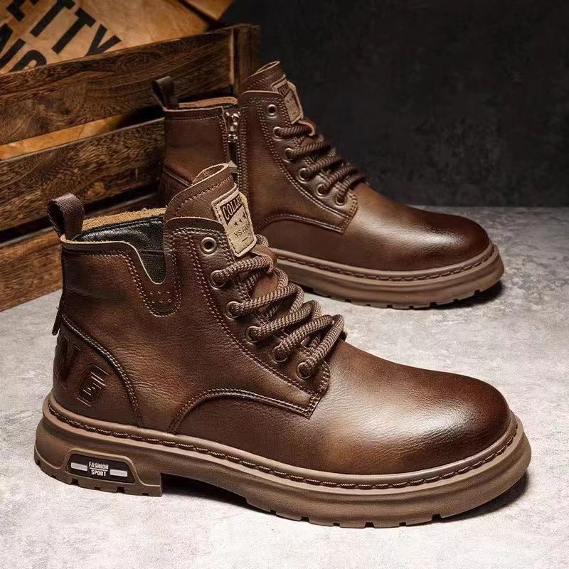 Detail of elastic side on men's slip-on work boots, comfortable for easy on/off everyday work & casual wear.