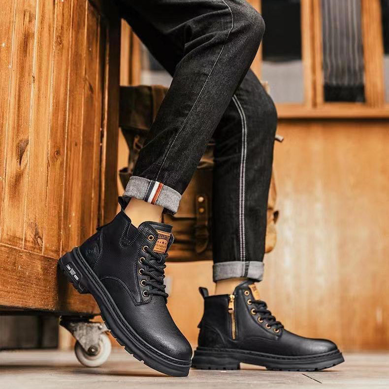 Top view of men's premium brown slip-on work boots, comfortable anti-slip casual footwear.