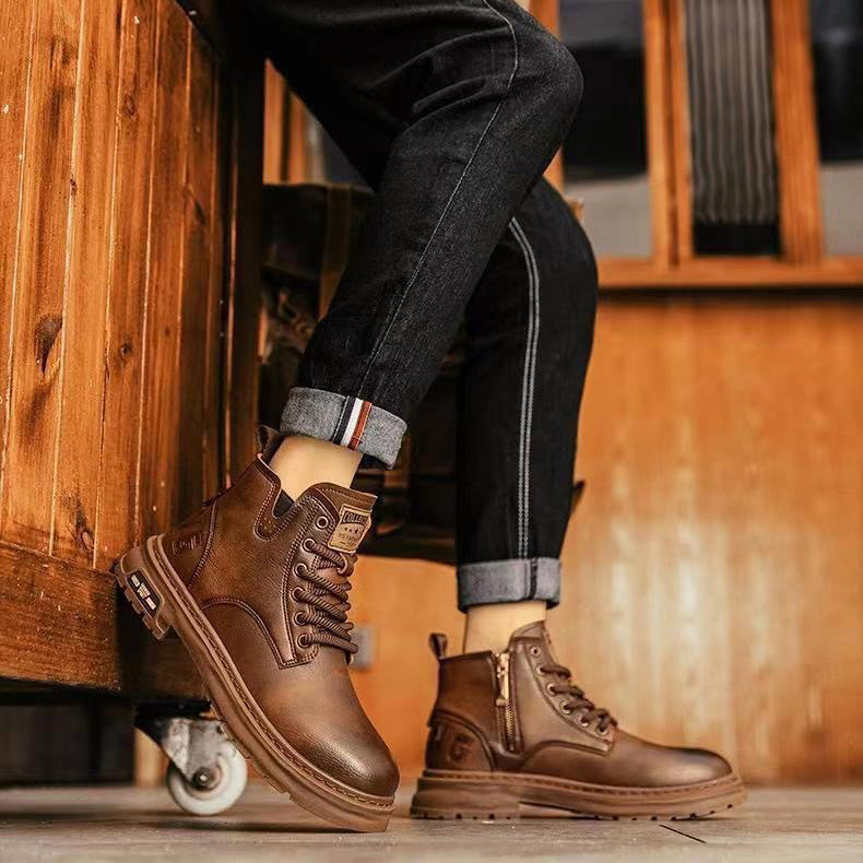 Black men's premium slip-on work boots, comfortable & anti-slip, stylish casual footwear for men.