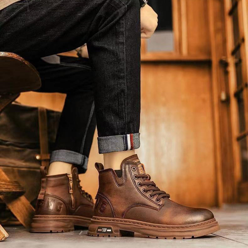Durable leather men's slip-on work boots, comfortable, anti-slip, ideal for casual & work footwear.