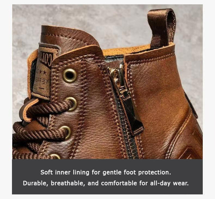 Man wearing comfortable brown slip-on work boots, ideal anti-slip casual footwear for work or daily use.