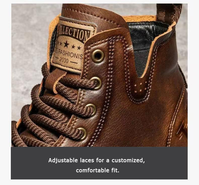 Pair of men's slip-on work boots in brown & black, comfortable, anti-slip, versatile casual style.