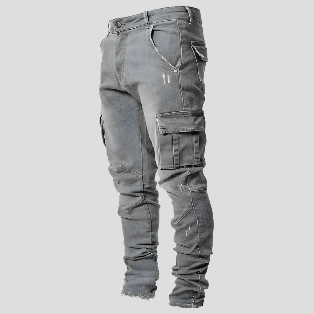 Modern men's skinny jeans with stretch denim, classic 5-pocket design, comfortable for casual fashion.