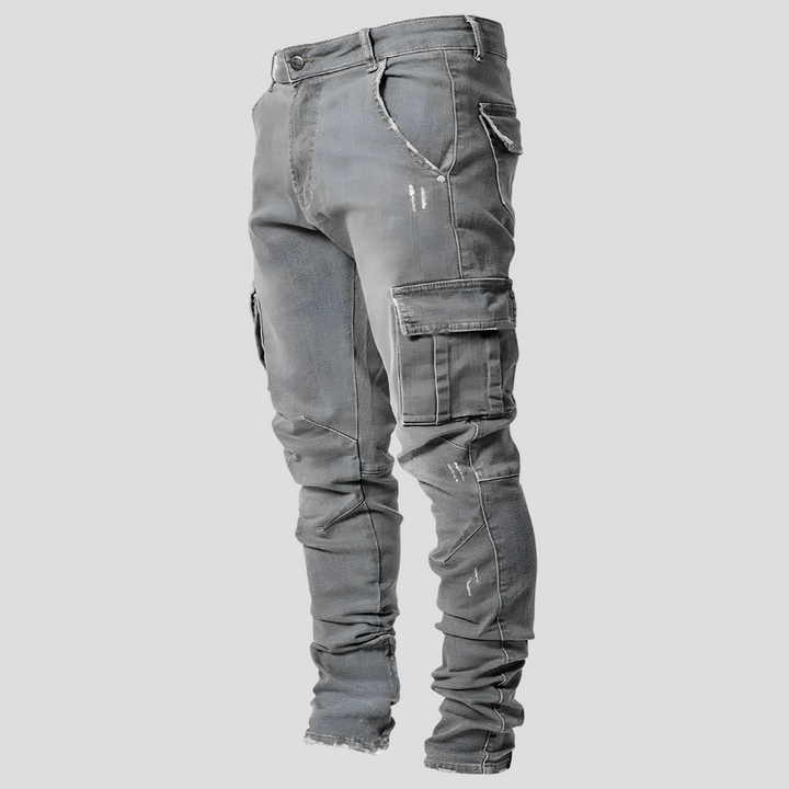 Modern men's skinny jeans with stretch denim, classic 5-pocket design, comfortable for casual fashion.
