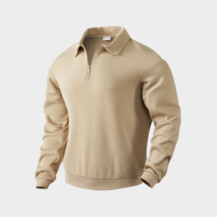Stylish premium men's quarter zip top, featuring unique texture for smart casual fashion.