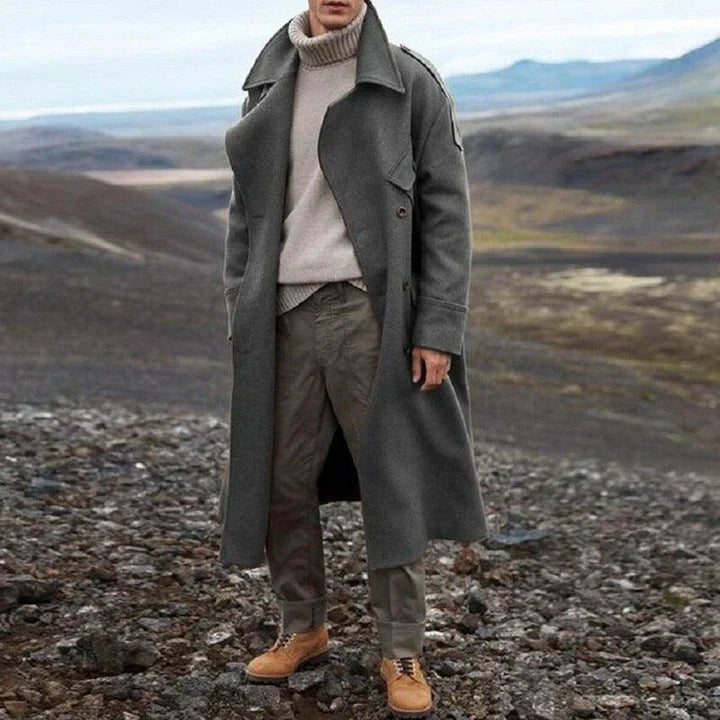Men's Preston double-breasted long trench coat. Classic, stylish winter outerwear for gentlemen, oversized fit.
