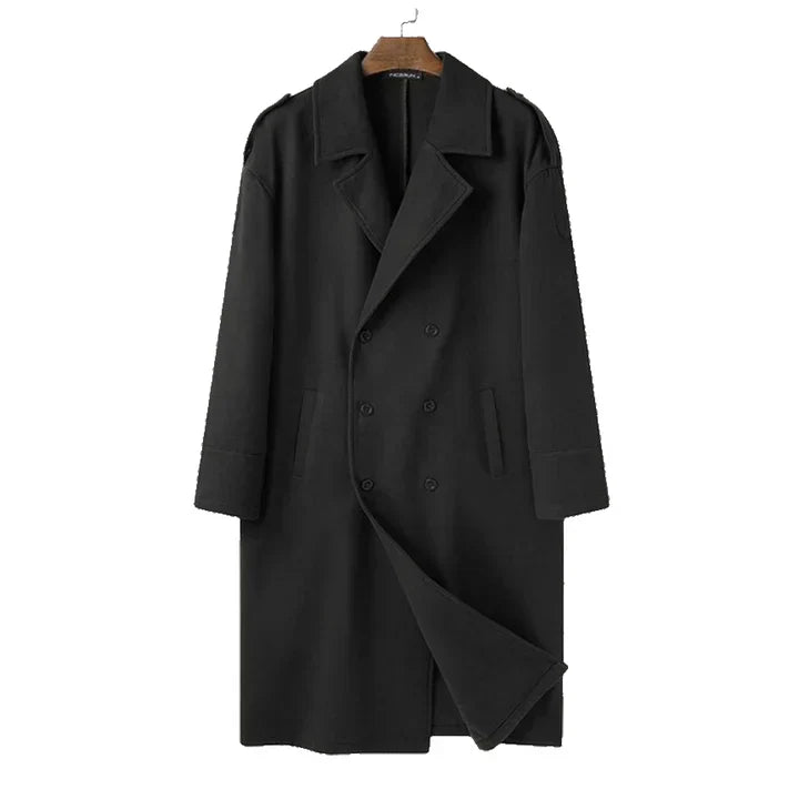 Stylish men's Preston double-breasted long trench coat, classic winter outerwear for gentlemen's fashion.