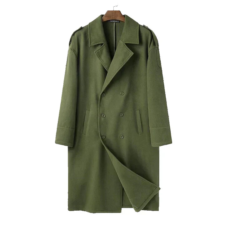 Oversized fit men's Preston double-breasted long coat. Elegant trench coat, perfect classic winter outerwear.
