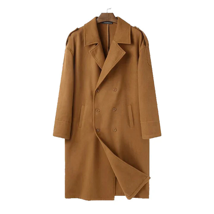 Classic men's Preston double-breasted long winter coat. Timeless trench coat style for sophisticated men.
