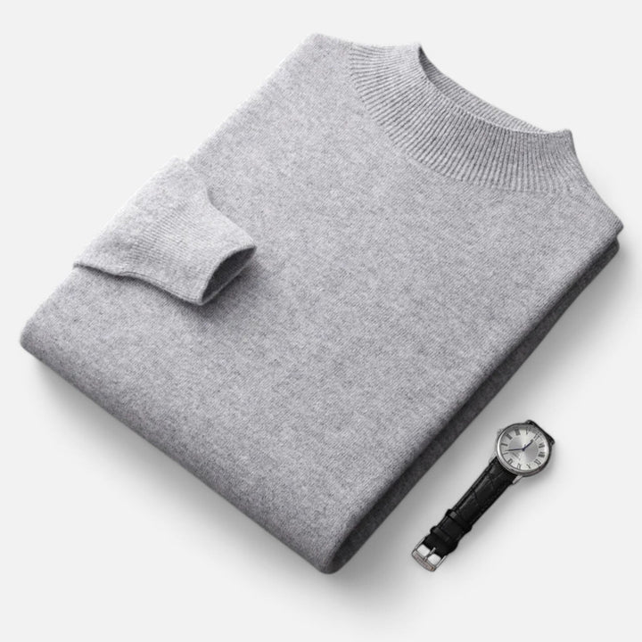 High-quality pure wool knit sweater for men, featuring a half-turtleneck