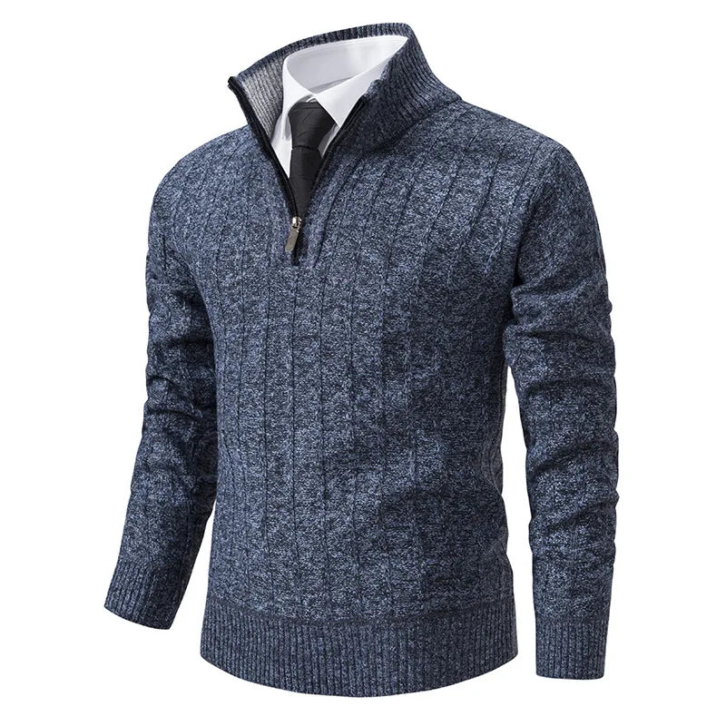 Men's quarter zip cable knit sweater in gray, offering classic warmth and timeless style for fall/winter.