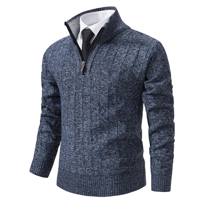 Men's quarter zip cable knit sweater in gray, offering classic warmth and timeless style for fall/winter.