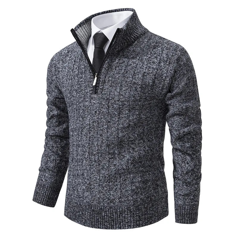 Warm & casual men's quarter zip cable knit sweater, a comfortable fall/winter layering piece for everyday wear.