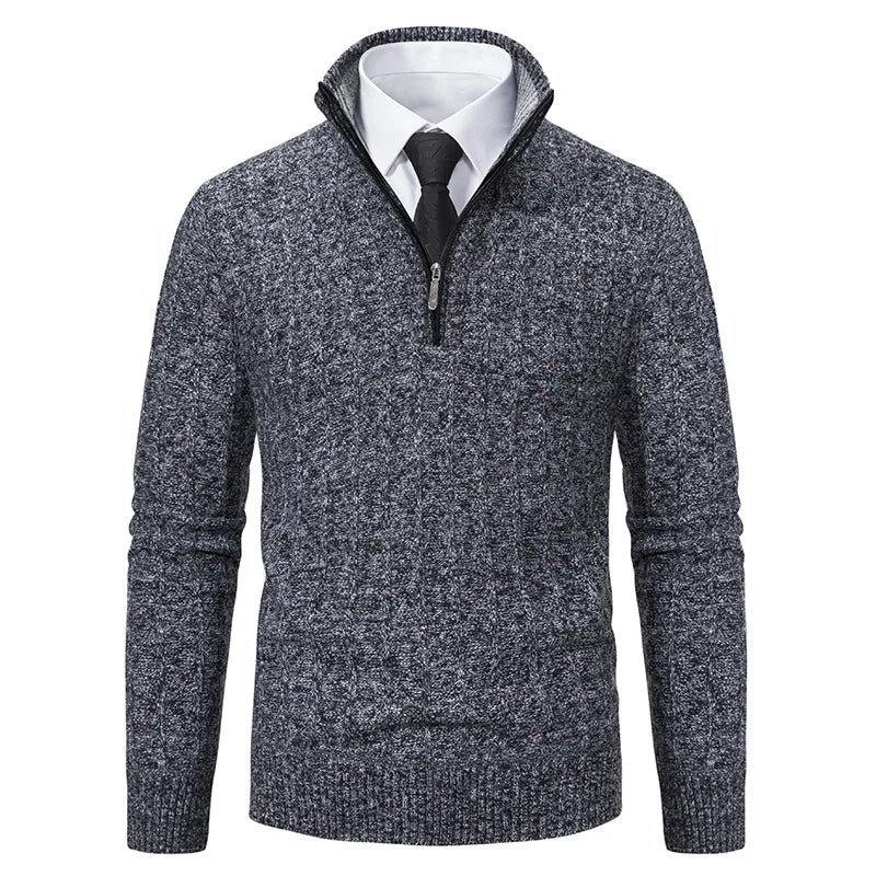 Versatile men's cable knit quarter zip sweater in beige, ideal for casual warmth and stylish fall layering.