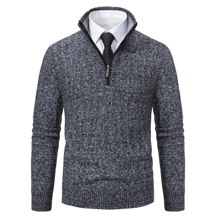 Versatile men's cable knit quarter zip sweater in beige, ideal for casual warmth and stylish fall layering.