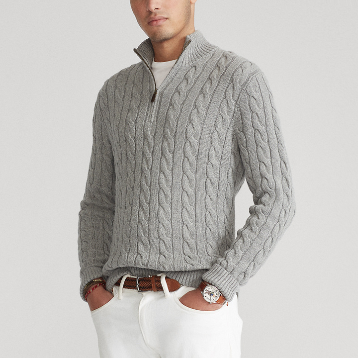 Men's quarter-zip cable knit sweater, timeless style & cozy comfort.